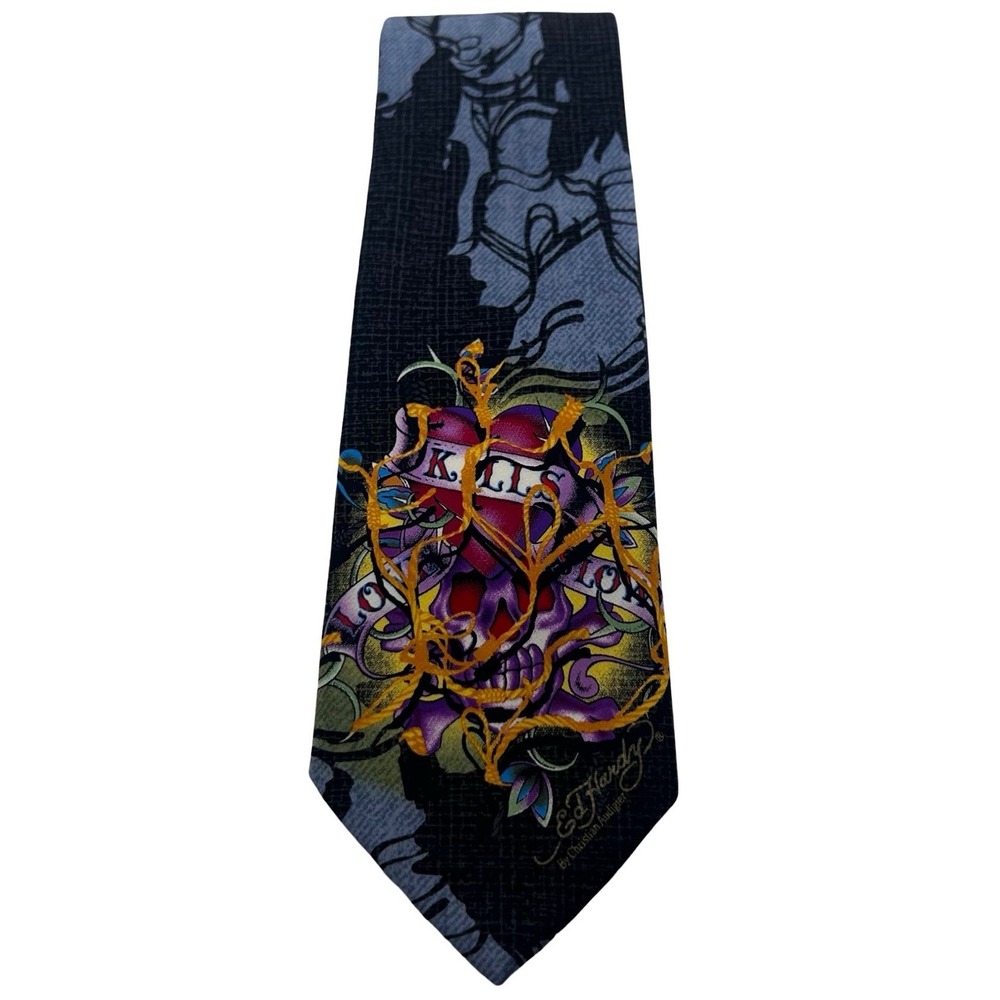 Ed Hardy Christian Audigier Silk Tie Skull Heart Love Kills Slowly Black Blue